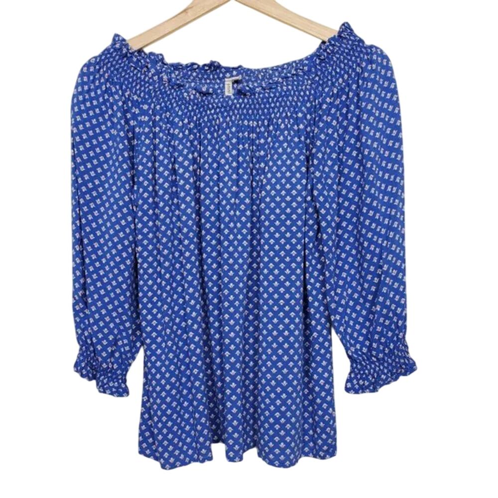 Grand & Greene Off Shoulder Smocked Blouse Blue White Polka Dot Women Size M
